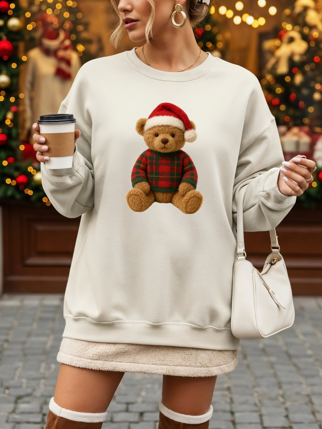 TEDDY BEAR PLAID CHRISTMAS CREWNECK