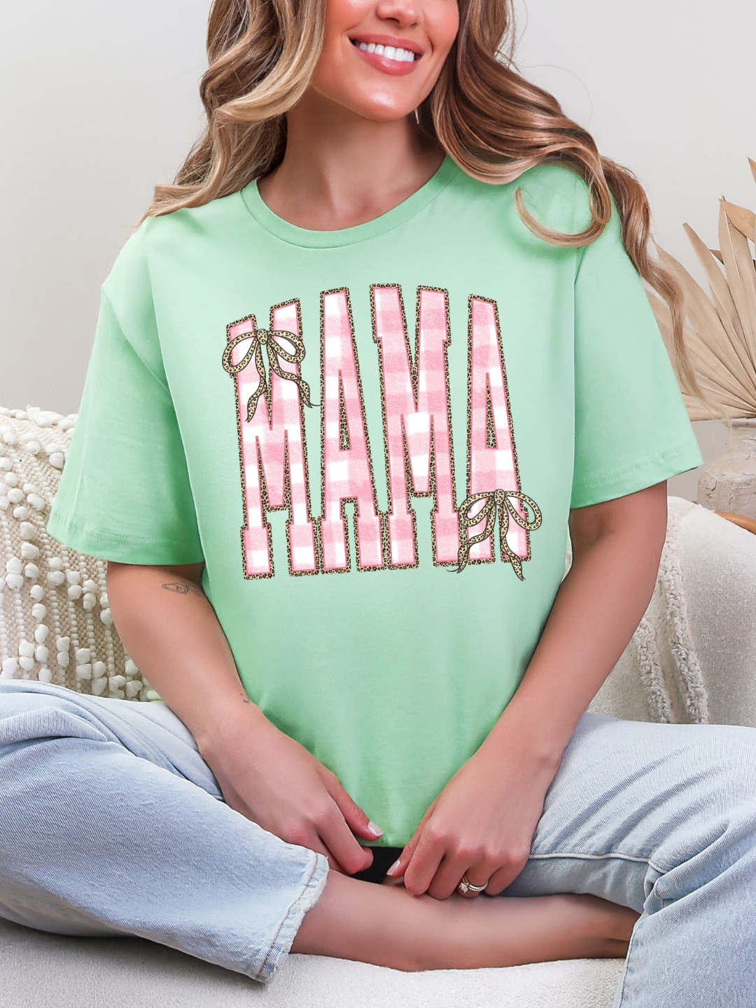 MAMA PINK CHECKERED BOWS T-SHIRT
