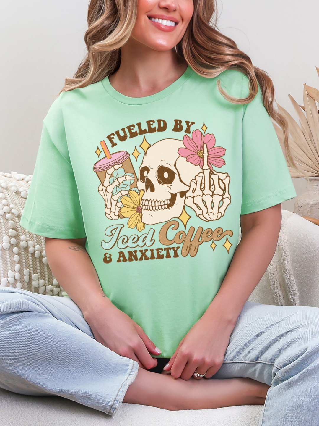 FUELED BY COFFEE AND ANXIETY SKELETON T-SHIRT