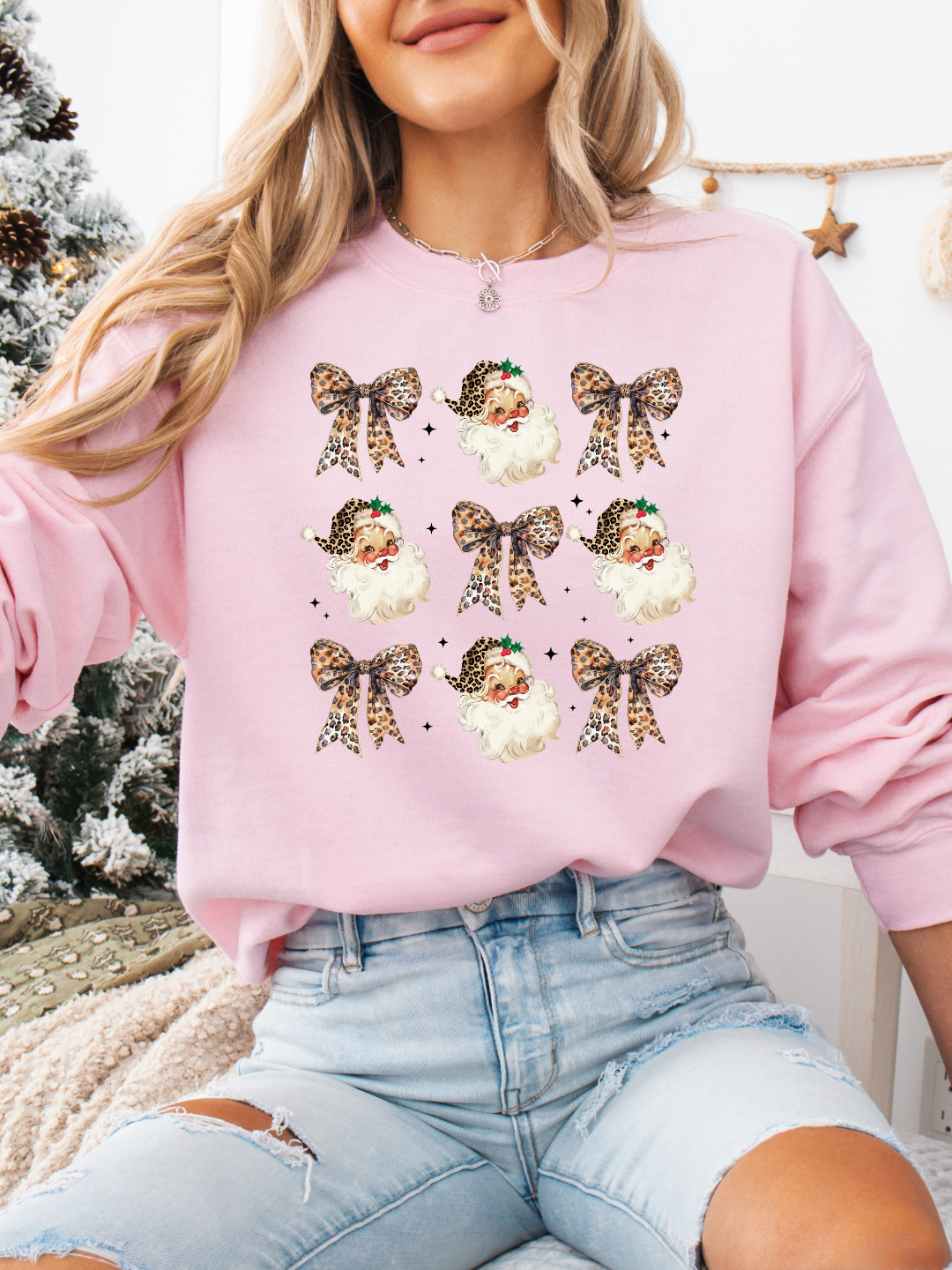 LEOPARD BOWS & SANTA CREWNECK