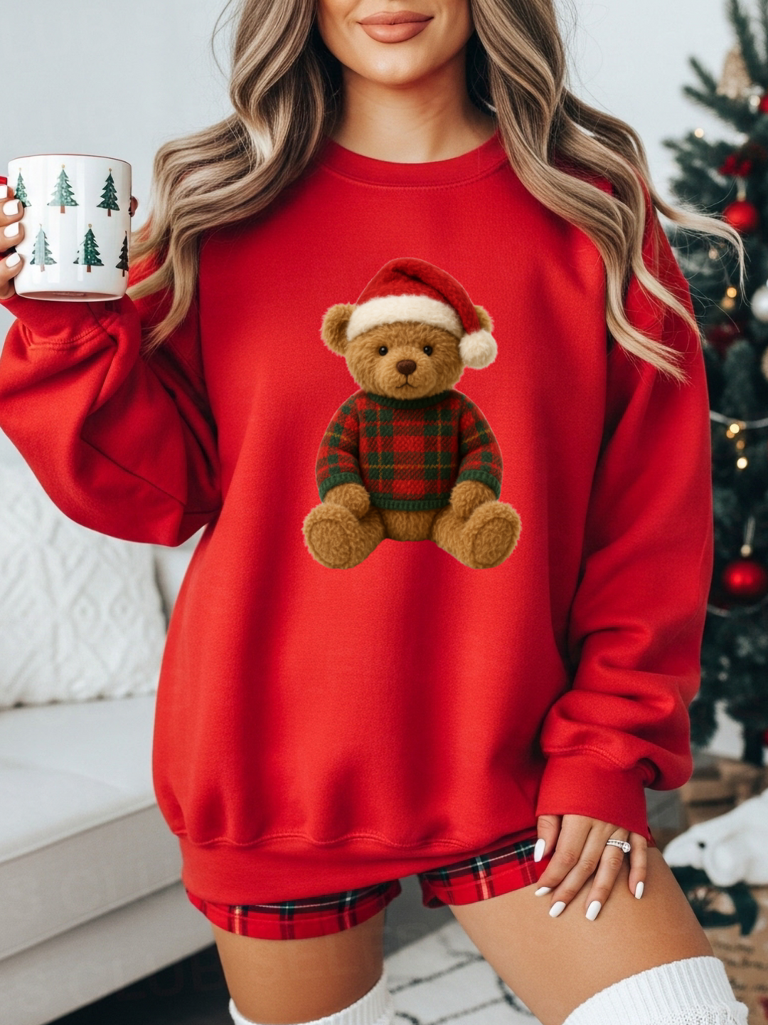 TEDDY BEAR PLAID CHRISTMAS CREWNECK