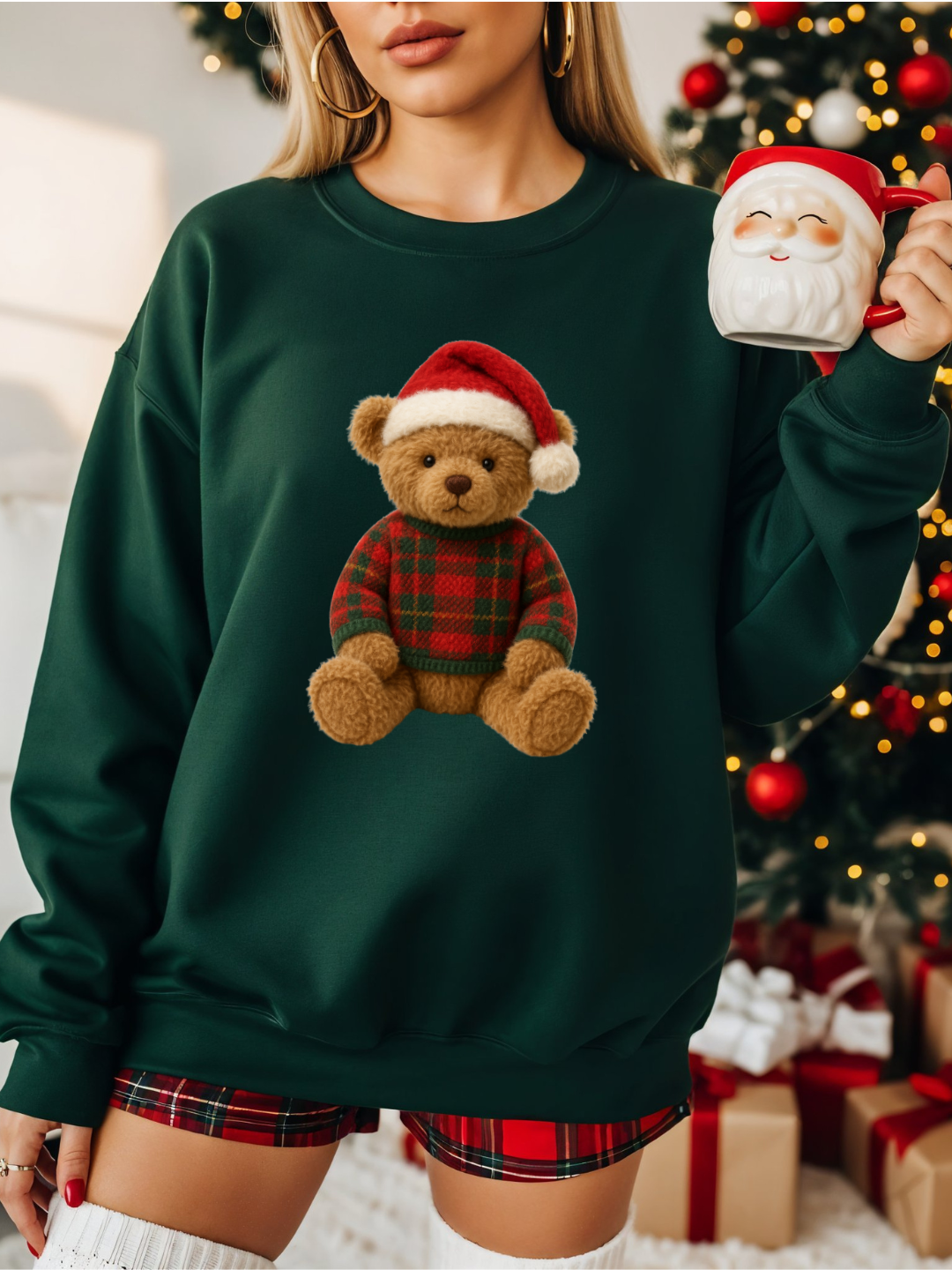 TEDDY BEAR PLAID CHRISTMAS CREWNECK