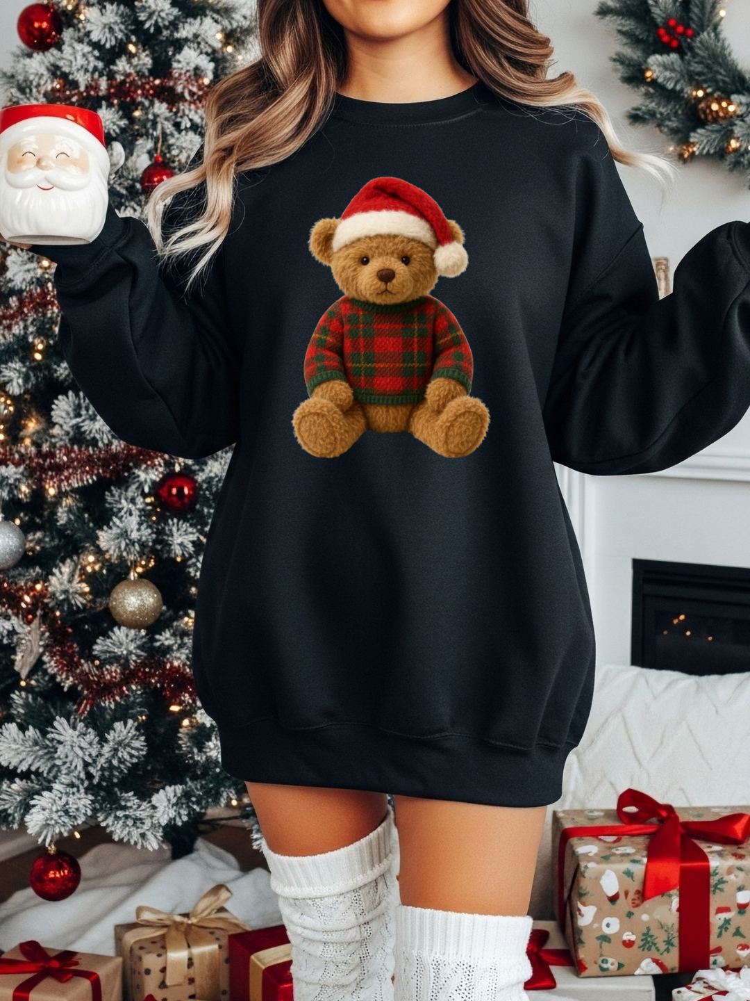 TEDDY BEAR PLAID CHRISTMAS CREWNECK