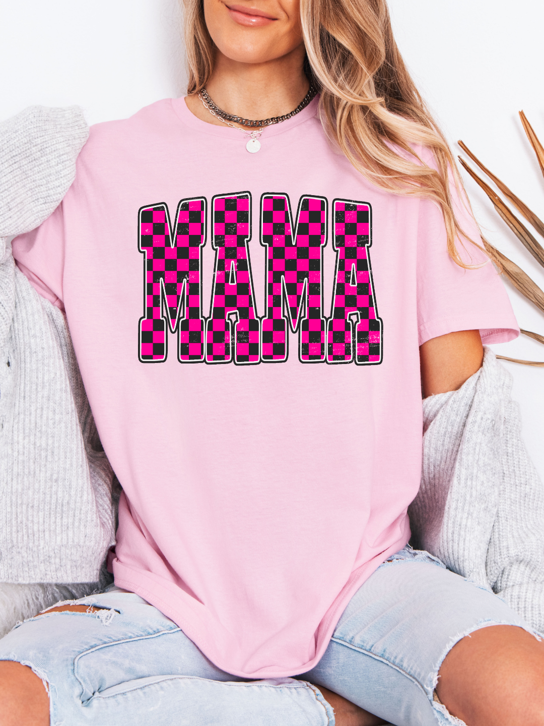 MAMA PINK CHECKERED T-SHIRT