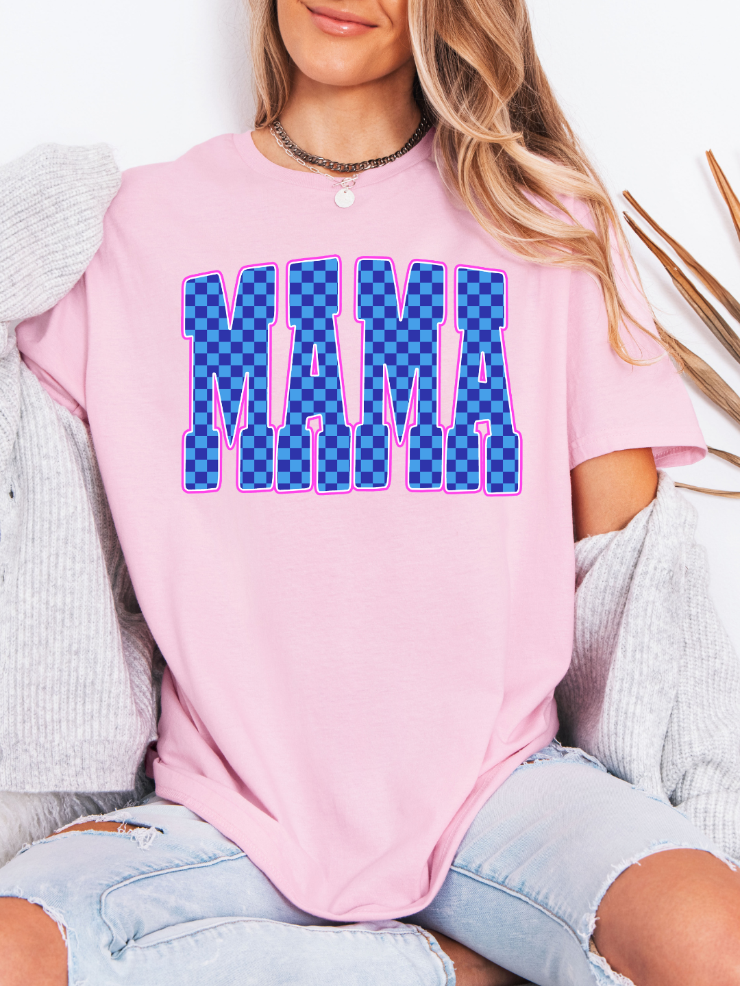 MAMA BLUE CHECKERED T-SHIRT