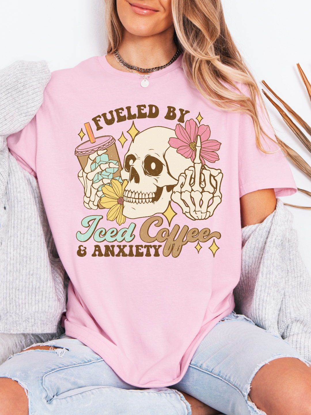 FUELED BY COFFEE AND ANXIETY SKELETON T-SHIRT