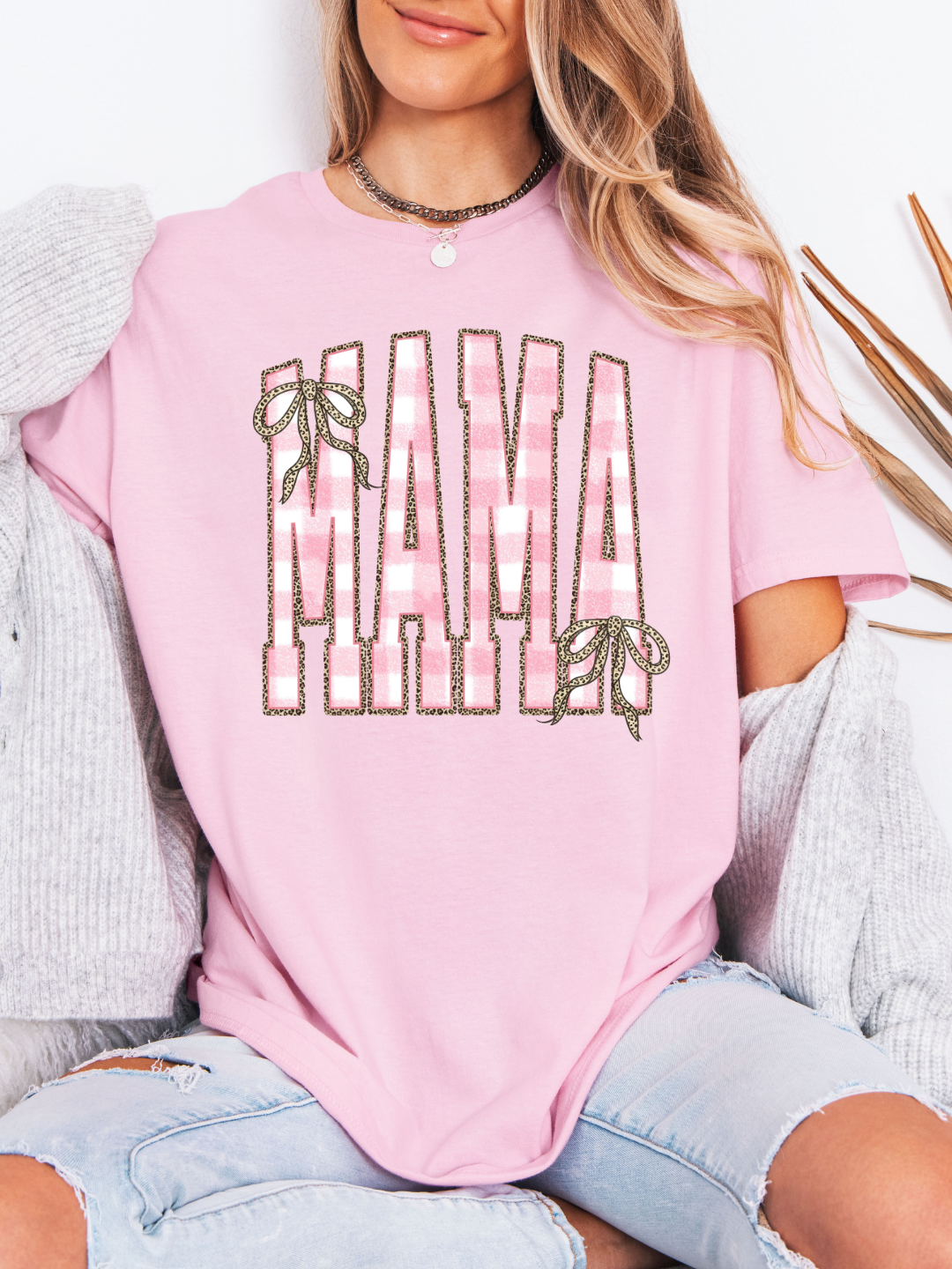 MAMA PINK CHECKERED BOWS T-SHIRT