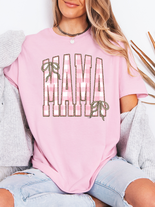 MAMA PINK CHECKERED BOWS T-SHIRT
