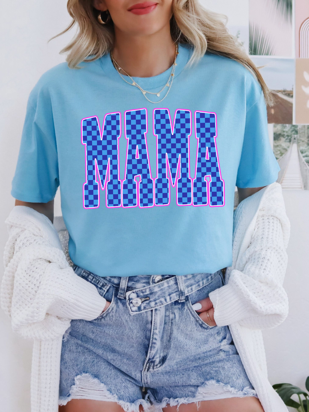 MAMA BLUE CHECKERED T-SHIRT