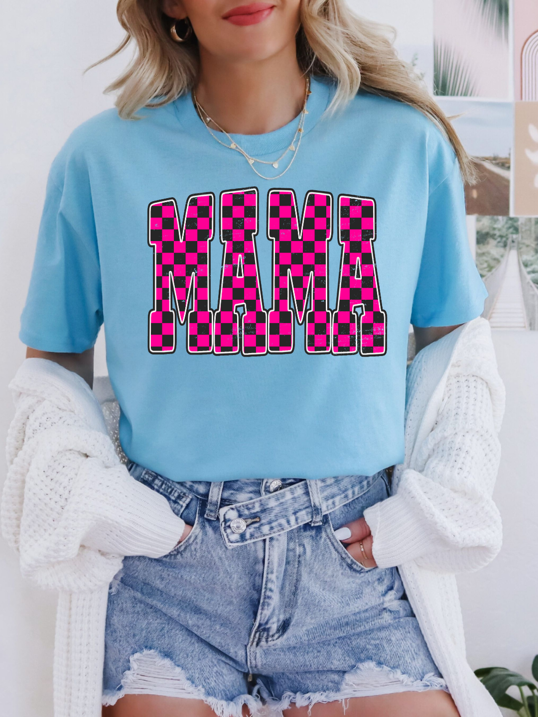 MAMA PINK CHECKERED T-SHIRT