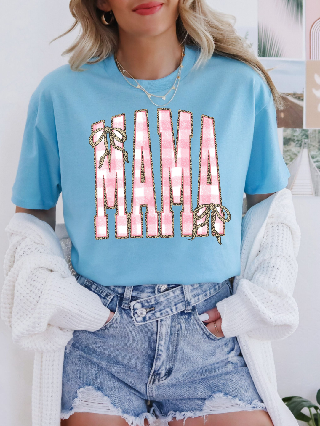 MAMA PINK CHECKERED BOWS T-SHIRT
