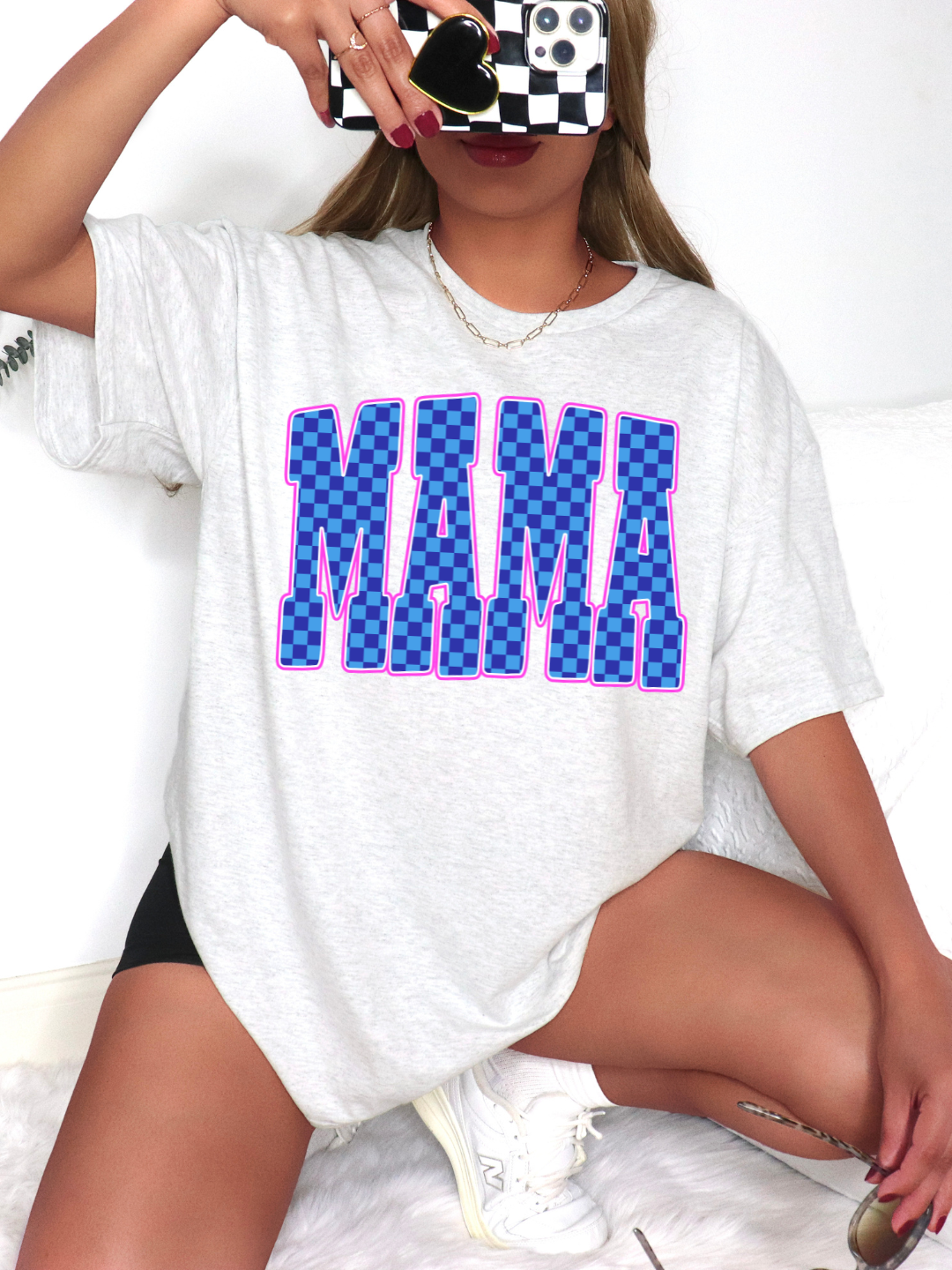 MAMA BLUE CHECKERED T-SHIRT