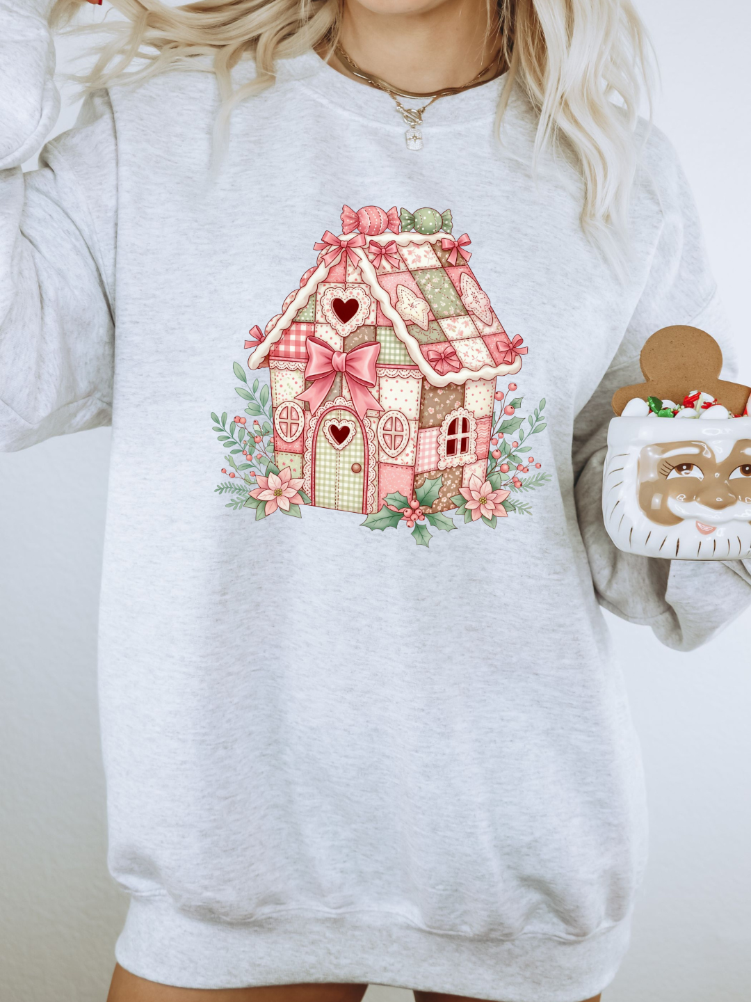 QUILTED GINGERBREAD HOUSE CHRISTMAS CREWNECK