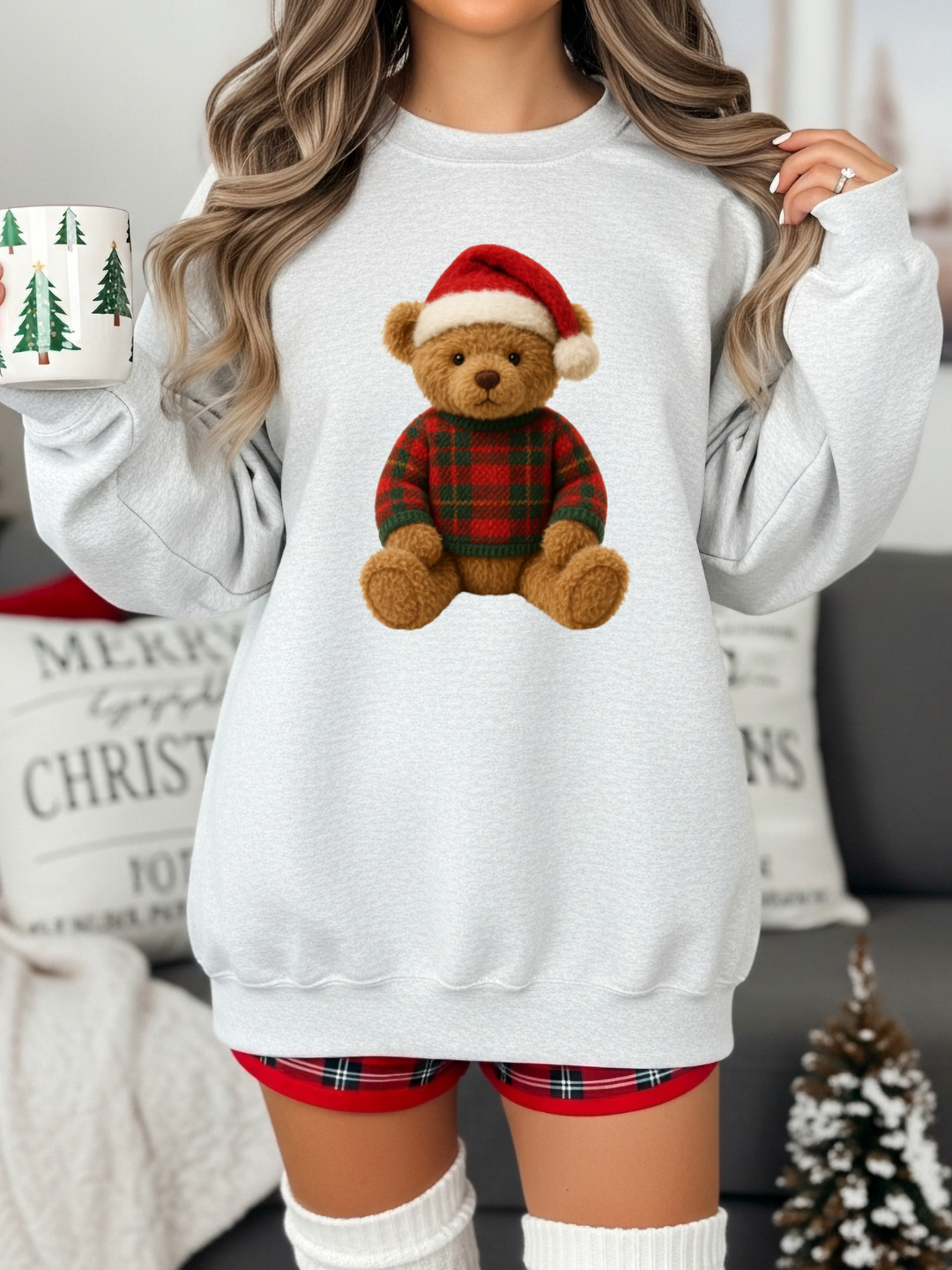 TEDDY BEAR PLAID CHRISTMAS CREWNECK
