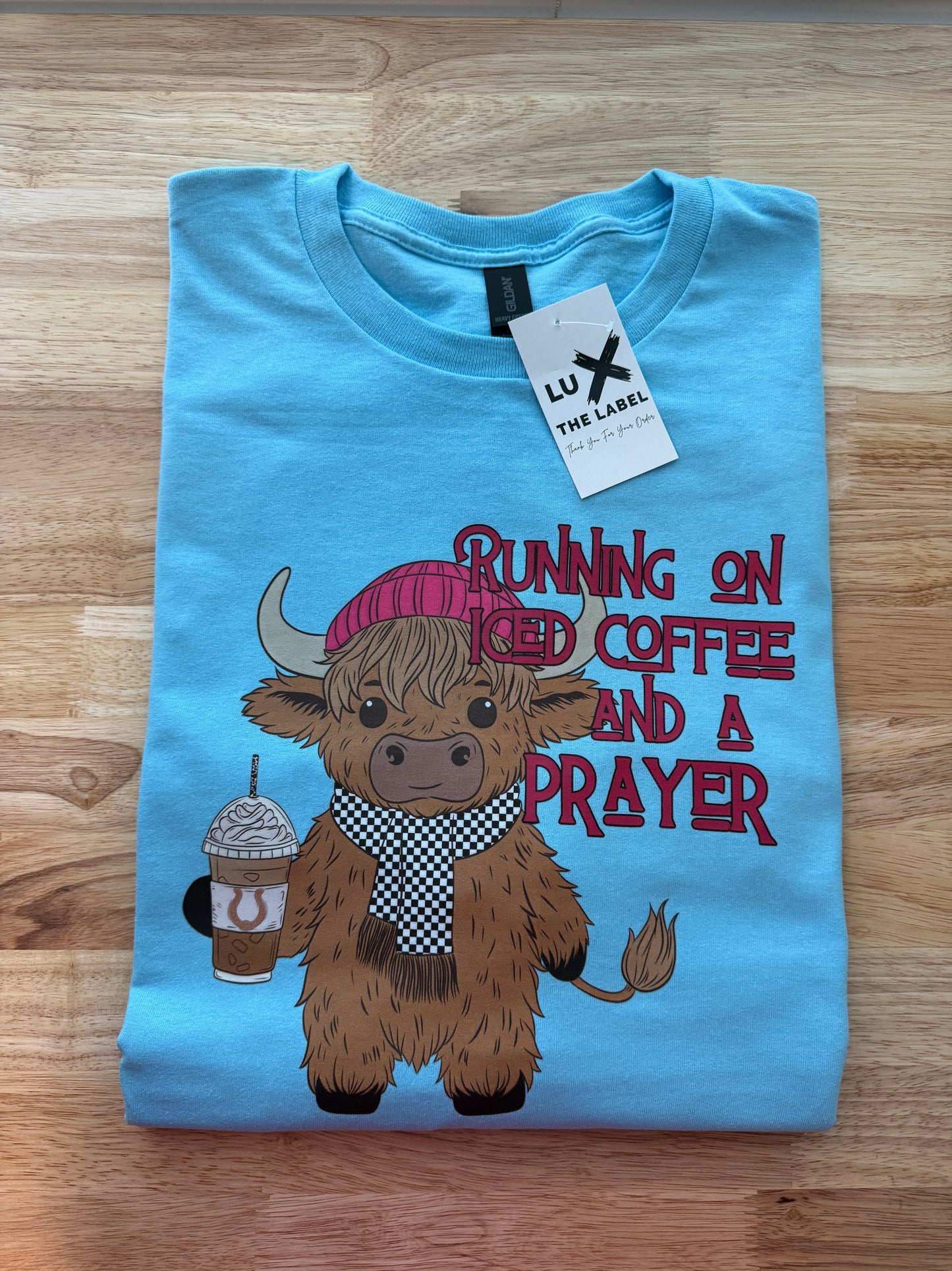 RUNNING ON ICED COFFEE AND A PRAYER T-SHIRT