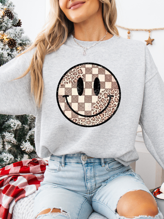 CHECKERED & CHEETAH PRINT SMILE CREWNECK